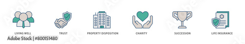 Estate planning icons set collection illustration of living well, trust, property disposition, charity, succession, life insurance icon live stroke and easy to edit 