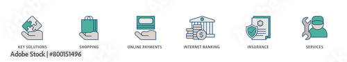 Financial service icons set collection illustration of key solutions, shopping, online payments, internet banking, insurance and services icon live stroke and easy to edit 