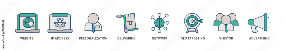 Geo targeting icons set collection illustration of website, ip address, personalization, delivering, network, geo targeting, visistor, advertising icon live stroke and easy to edit 