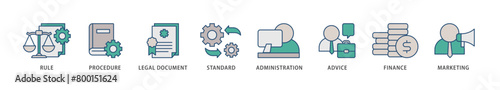 Guideline icons set collection illustration of rule, procedure, legal document, standard, administration, advice, finance, marketing icon live stroke and easy to edit 
