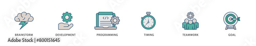 Hackathon icons set collection illustration of brainstorm, development, programming, timing, speed, teamwork, and goal icon live stroke and easy to edit 