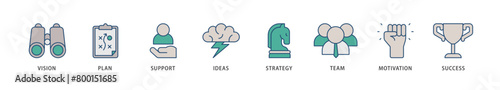 Goals icons set collection illustration of vision, plan, support, ideas, strategy, team, motivation, and success icon live stroke and easy to edit 
