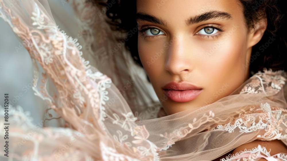 Ethereal Beauty: Close-Up of a Woman with Flowing Lace Veil Ethereal Beauty: Close-Up of a Woman with Flowing Lace Veil