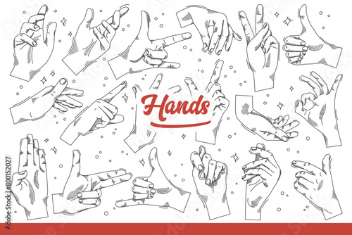 Gesturing hands of person giving non-verbal signal interlocutor. Hands using fingers and palms for demonstrate various gestures to communicate without words or to attract attention. Hand drawn doodle