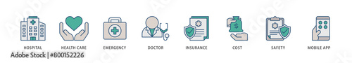 Medical care icons set collection illustration of hospital, health care, emergency, doctor, insurance, cost, safety, mobile app icon live stroke and easy to edit 