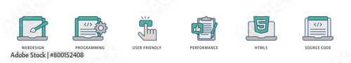 Mobile first icons set collection illustration of webdesign, programming, user friendly, performance, html5 and source code icon live stroke and easy to edit 