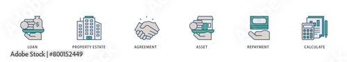 Mortgage icons set collection illustration of loan, property estate, agreement, asset, repayment and calculate icon live stroke and easy to edit 