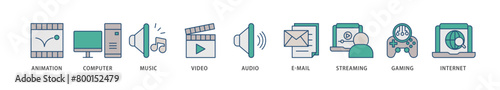 Multimedia icons set collection illustration of e mail, video, audio, internet, streaming, gaming, music, computer, animation icon live stroke and easy to edit 