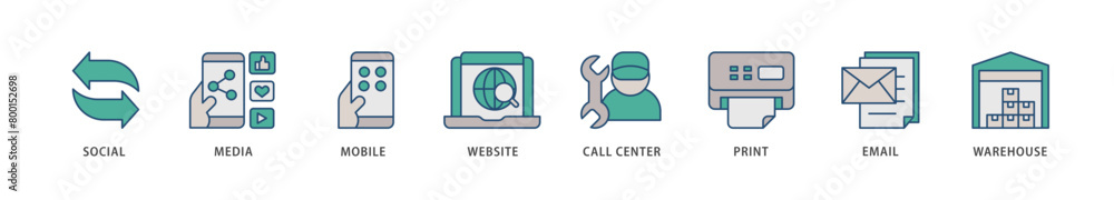 Obraz premium Omnichannel icons set collection illustration of social media, mobile, website, call center, print, email, and warehouse icon live stroke and easy to edit