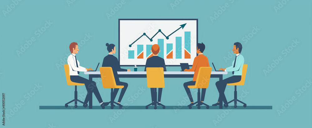Business team working together at a meeting table with an arrow graph and growth chart on a blue background vector illustration, in the style of flat design. The illustration depicts a stock photo.
Business team working together at a meeting table with an arrow graph and growth chart on a blue background vector illustration, in the style of flat design. The illustration depicts a stock photo.
