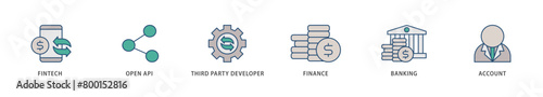 Open banking icons set collection illustration of the fintech, coding, open API, finance, banking, third party developer, and account icon live stroke and easy to edit 
