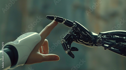 The delicate touch of a human finger meets the sleek, metallic finger of a robot, showcasing the harmony and cooperation between humans and artificial beings. photo