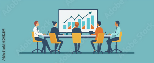 Business team working together at a meeting table with an arrow graph and growth chart on a blue background vector illustration, in the style of flat design. The illustration depicts a stock photo. 