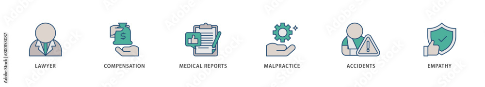 Personal injury law icons set collection illustration of malpractice, empathy, accidents, medical reports, compensation, lawyer icon live stroke and easy to edit Personal injury law icons set collection illustration of malpractice, empathy, accidents, medical reports, compensation, lawyer icon live stroke and easy to edit