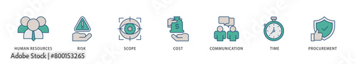 Project management icons set collection illustration of initiating, planning, executing, monitoring, controlling and closing icon live stroke and easy to edit 