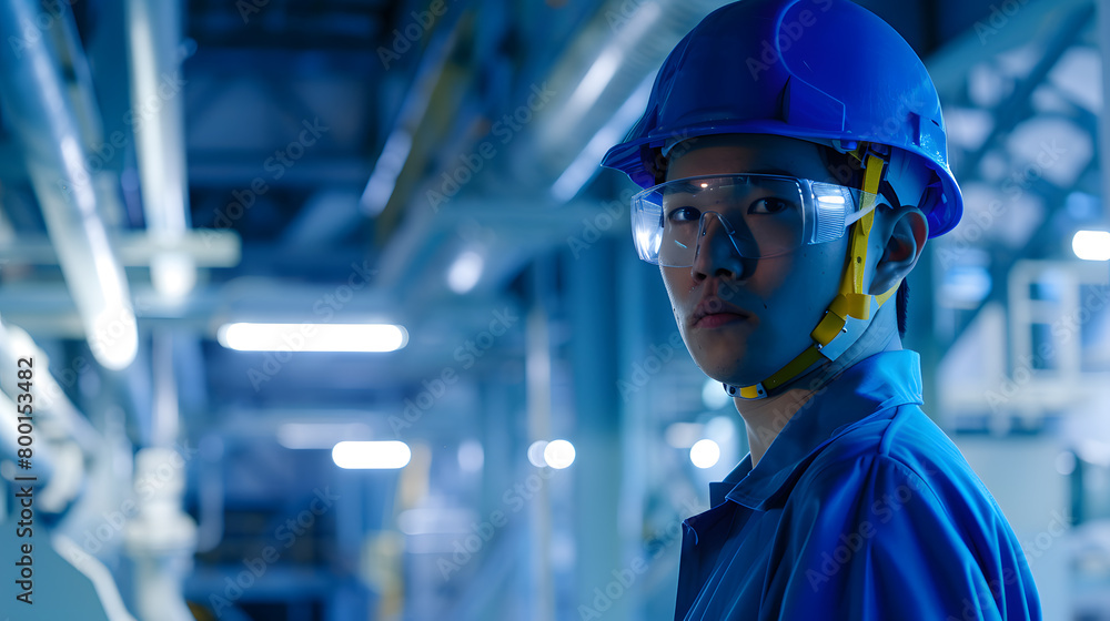 Nuclear power plant engineer with a tablet. A man with a beard in a protective helmet and vest stands against the background of a nuclear power plant. Nuclear power plant engineer with a tablet. A man with a beard in a protective helmet and vest stands against the background of a nuclear power plant.