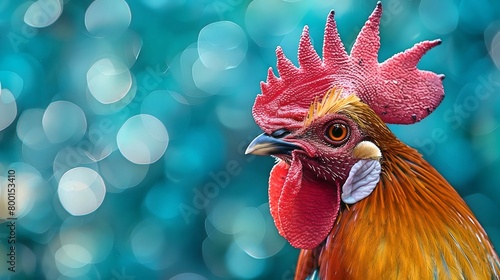 Vivid rooster close-up with a detailed comb against a soft bokeh background. 