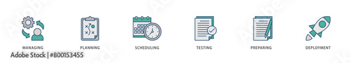 Release management icons set collection illustration of managing, planning, scheduling, building, testing, preparing and deployment icon live stroke and easy to edit 