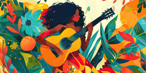 Silhouette of a hawaiian woman with long hair playing guitar among leaves and flowers, for World Music Day, banner