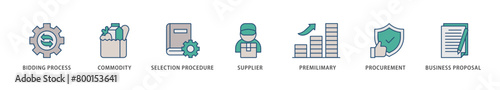Rfp icons set collection illustration of business proposal, supplier, procurement, premilimary, selection procedure, commodity, bidding process icon live stroke and easy to edit 