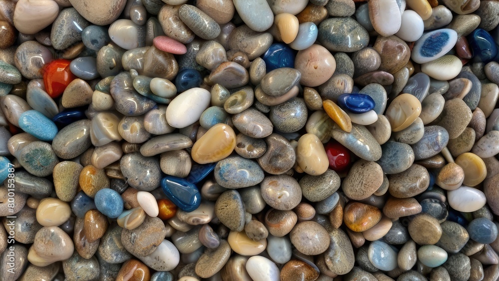 Close-up view of multicolored sea pebbles set in sparkling green and blue glass Close-up view of multicolored sea pebbles set in sparkling green and blue glass
