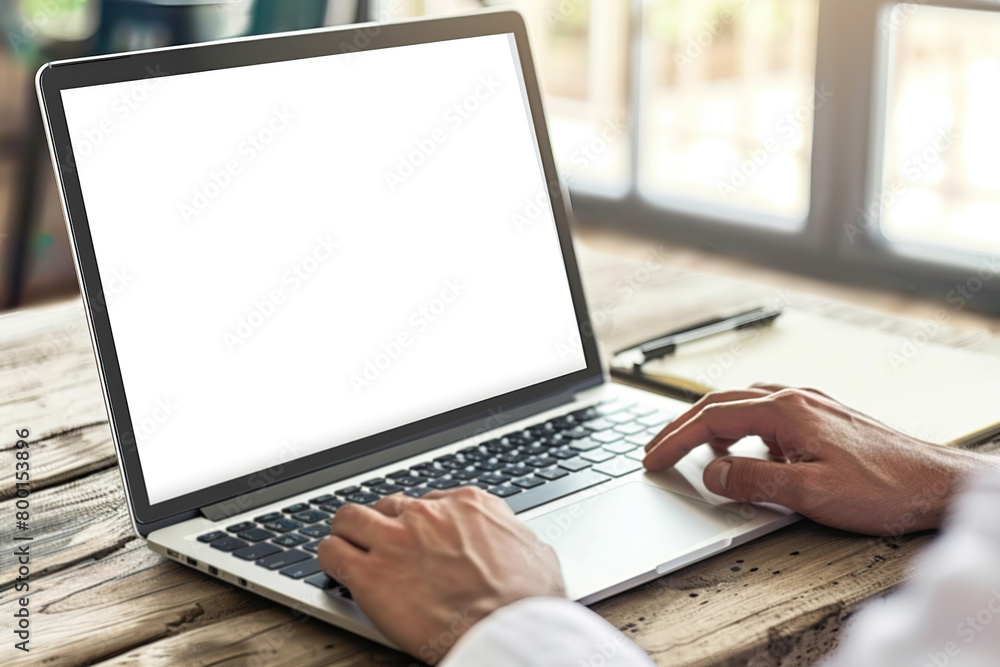 Man using laptop in office sitting at desk. Empty blank white screen mockup. Copy space area for text, logo, app. Person working, male hands typing. Mock up display PC. Business websites, services ads Man using laptop in office sitting at desk. Empty blank white screen mockup. Copy space area for text, logo, app. Person working, male hands typing. Mock up display PC. Business websites, services ads