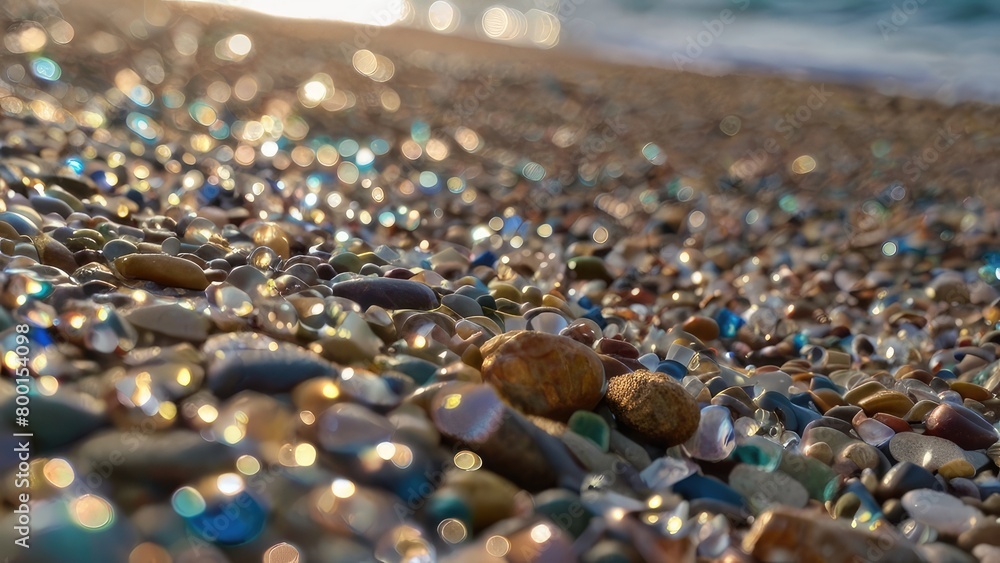 Close-up view of multicolored sea pebbles set in sparkling green and blue glass Close-up view of multicolored sea pebbles set in sparkling green and blue glass
