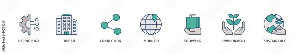 Smart city icons set collection illustration of technology, urban, connection, mobility, shopping, environment and sustainable icon live stroke and easy to edit Smart city icons set collection illustration of technology, urban, connection, mobility, shopping, environment and sustainable icon live stroke and easy to edit
