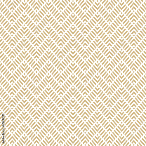 Golden geometric line seamless pattern. Vector chevron texture. Gold and white zig zag stripes, grid, lattice, diagonal lines. Abstract elegant zigzag background. Simple geometry. Repeat luxury design