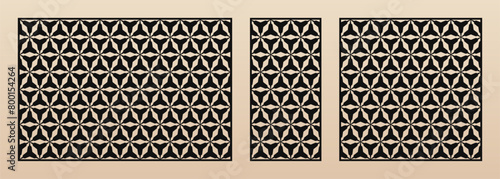 Laser cut panel design. Vector pattern with ornamental grid, mesh, triangles, abstract lattice, floral silhouettes. Template for CNC cutting of wood, metal, plastic, paper. Aspect ratio 3:2, 1:1, 1:2