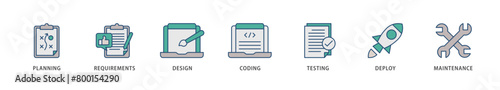 Software development icons set collection illustration of planning, requirements, design, coding, testing, deploy and maintenance icon live stroke and easy to edit 