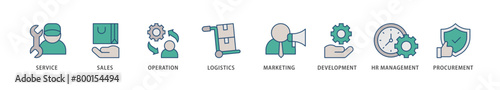 Value chain icons set collection illustration of service, sales, operation, logistics, marketing, development, hr management, procurement icon live stroke and easy to edit 