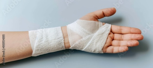 Woman with hand injury in white gauze bandage for medical treatment and first aid care