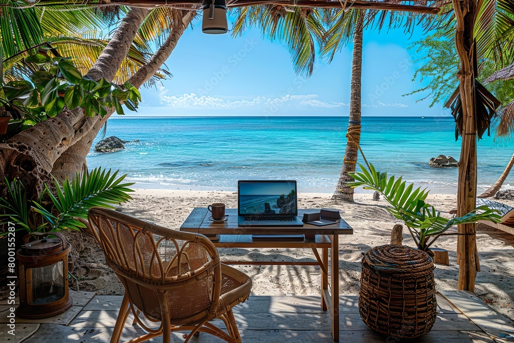 Laptop on a desk on a paradisiacal beach, photo of remote work, digital nomad