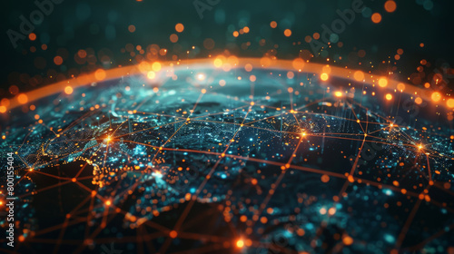 Digital representation of interconnected global network communications through lines and dots.