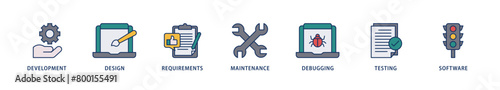 Agile icons set collection illustration of development, design, requirements, maintenance, debugging, testing and software icon live stroke and easy to edit 
