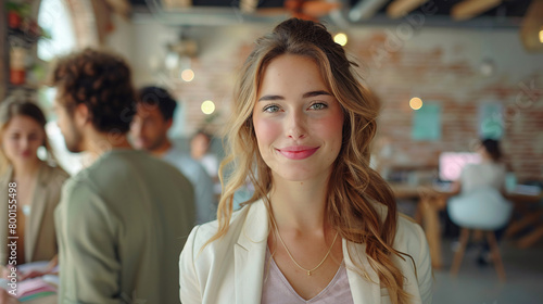 Smiling woman amongst a diverse group, diversity meeting