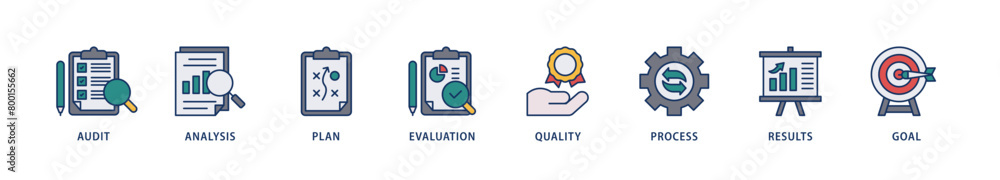 Assessment center icons set collection illustration of audit, analysis, plan, evaluation, quality,process,results and goal  icon live stroke and easy to edit 