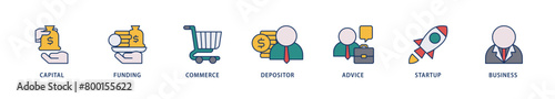 Angel investor icons set collection illustration of capital, funding, commerce, depositor, advice, startup and business icon live stroke and easy to edit 