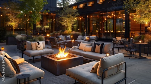 An outdoor patio with a fire pit and comfortable lounge seating.