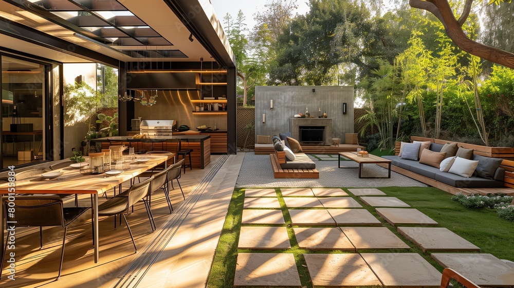 An outdoor terrace with a dining area and lounge seating.