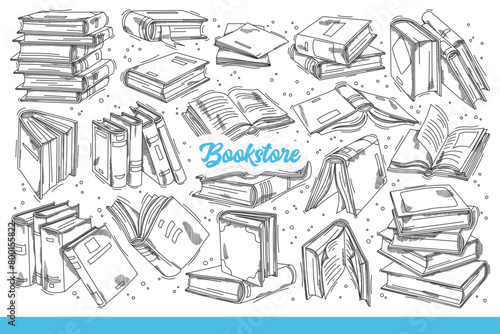 Bookstore inscription among books with fantastic literature or romantic stories. Hand drawn doodle. Background of open or closed books with educational information for school students