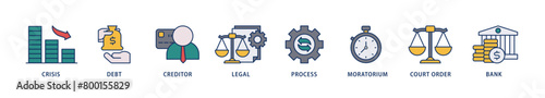Bankruptcy icons set collection illustration of bank ,court order, legal, moratorium, process, creditor, debt, crisis icon live stroke and easy to edit 