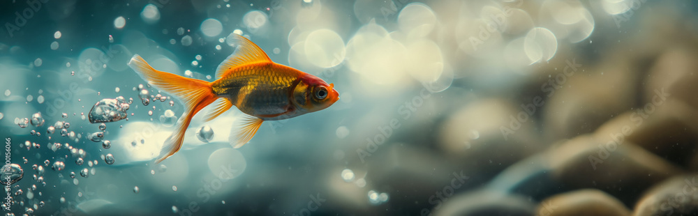 A vibrant goldfish swims amidst a flurry of bubbles in water, giving a sense of freedom and life underwater A vibrant goldfish swims amidst a flurry of bubbles in water, giving a sense of freedom and life underwater