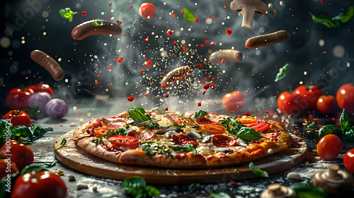 Pizza is in space  different ingredients are flying around it  tomatoes  mushrooms  sausages  onions  very detailed.