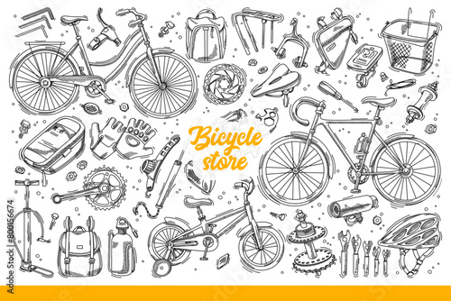 Bicycle spare parts and equipment for cycling in park, for advertising store for cyclists. Background with ready bikes or tools for repairing and restoring broken bike. Hand drawn doodle