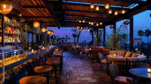 A chic rooftop bar with trendy d  C cor and lively atmosphere.