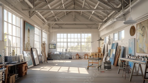 A contemporary art studio with high ceilings and ample natural light.