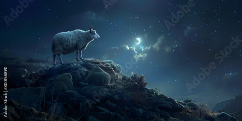 Majestic Sheep Amidst Rocky Terrain under Beautiful Sky 