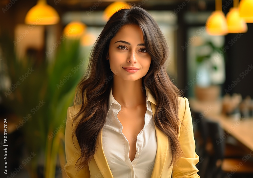 Smiling Charming Indian Business Woman, Big Expressive Eyes, White Attractive Female Coworker in Modern Office Setting Smiling Charming Indian Business Woman, Big Expressive Eyes, White Attractive Female Coworker in Modern Office Setting